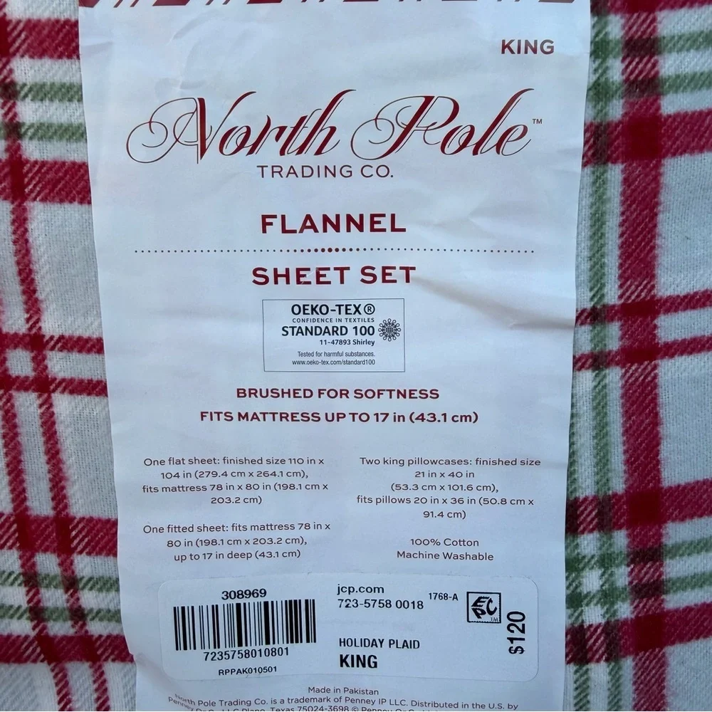 Holiday Plaid Christmas 4-Piece King Flannel Sheet Set North Pole Trading Co NWT